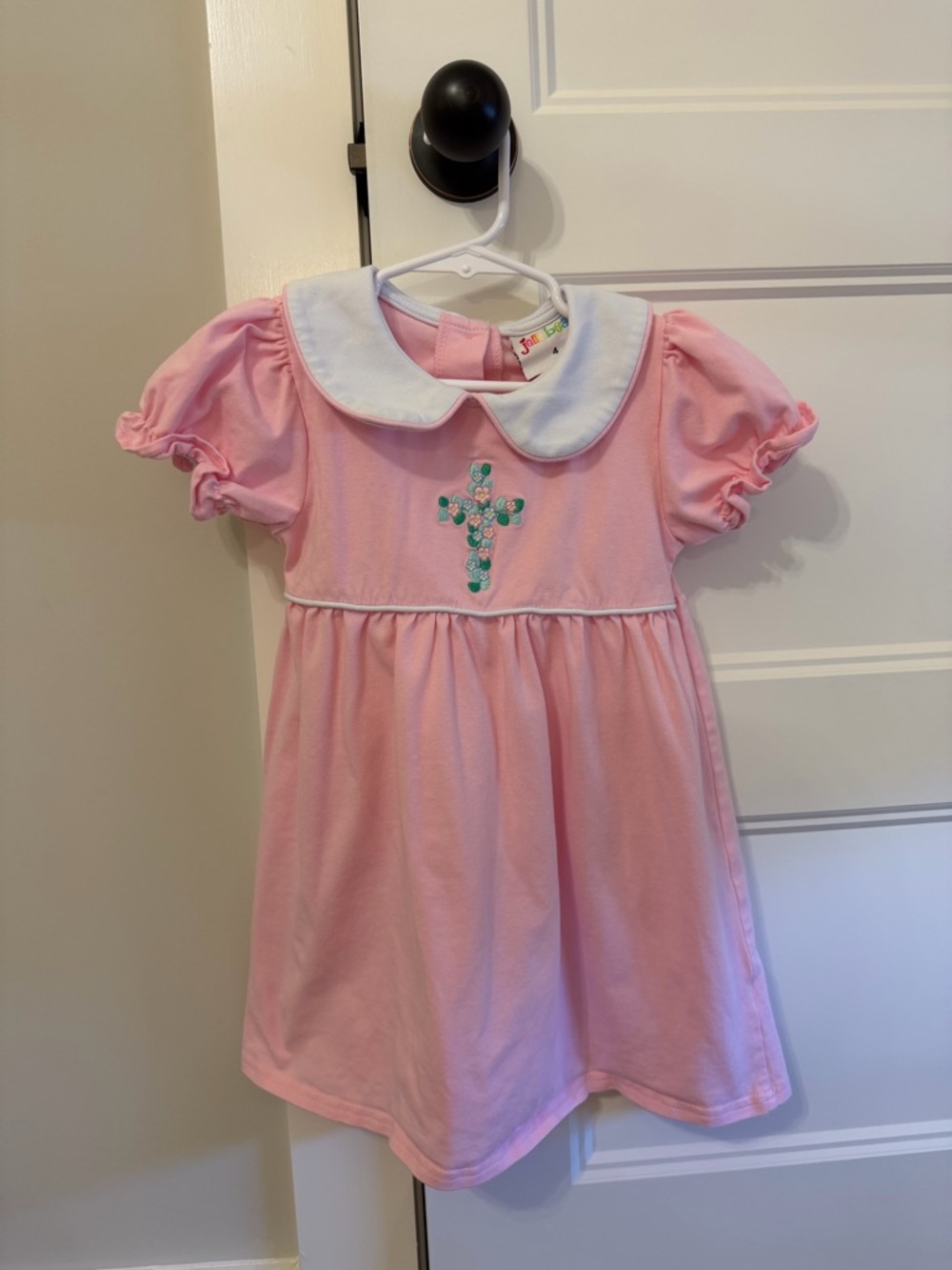 Girls Pink Peter Pan Collar Dress with Embroidered Cross